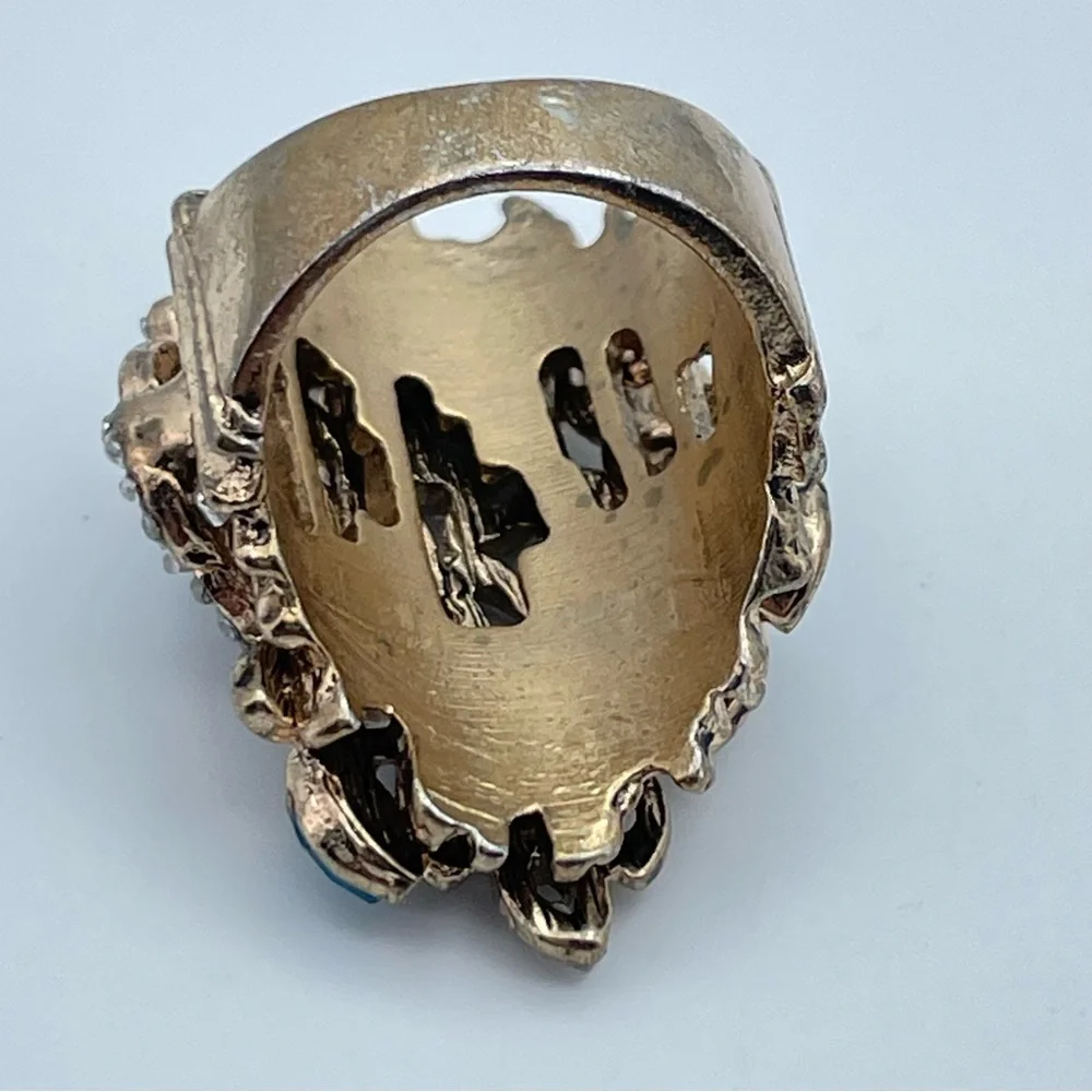 Vintage Gold-Tone Cocktail Ring with Blue Glass and Rhinestones Art Deco Sz 6